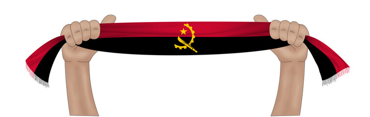 3D illustration. Hand holding flag of Angola on a fabric ribbon background.