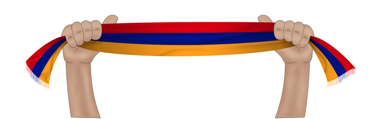3D illustration. Hand holding flag of Armenia on a fabric ribbon background.