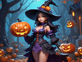 Fototapeta premium 3d Illustrated Witch in Dark Scary Forest Holding Pumpkin Jack-O-Lantern Halloween Holiday