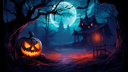 Halloween background with scary pumpkins  and house haunted  in a dark  night.  Spooky scary dark Night forrest. Holiday event halloween banner background concept