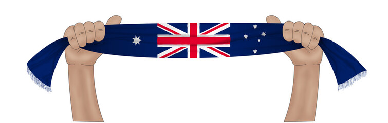 3D illustration. Hand holding flag of Australia on a fabric ribbon background.