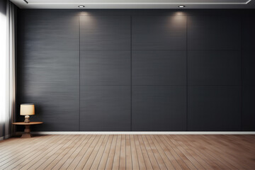 Minimal empty room mockup with black wall, mockup with a wooden floor