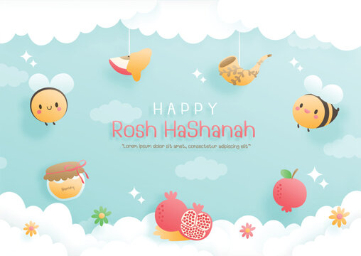 Rosh Hashanah paper cut style. Vector illustration