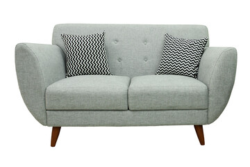 Modern scandinavian gray sofa isolated on white background. Furniture, interior object, stylish sofa