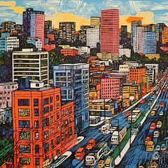 Obraz premium Lino cut of city view - Generative AI