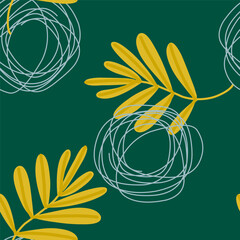 Seamless pattern with yellow branch with leaves and round doodles on green background 
