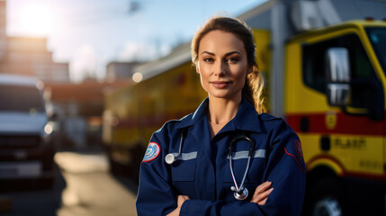 Portrait of a Female EMS Paramedic Proudly Standing in Front of Camera in High Visibility Medical Uniform with "Paramedic" Text Logo. Successful Emergency Medical Technician or Doctor at Work. - Powered by Adobe