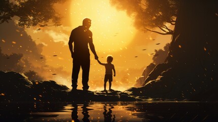 father and son standing on rocks in river at sunset