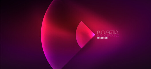Shiny neon geometric abstract background. Glowing lights on round shapes, triangles and circles. Wallpaper for concept of AI technology, blockchain, communication, 5G, science, business
