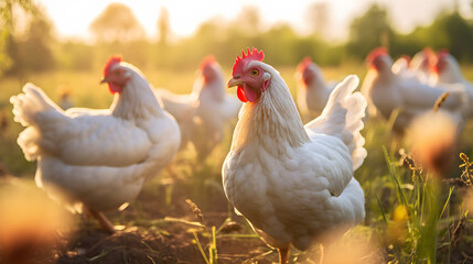 Closeup of free-range chickens on a farm in the morning. Shallow depth of field