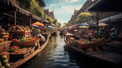 Fototapeta na wymiar Aerial view famous asian floating market, Farmer go to sell organic products, fruits, vegetables and Thai cuisine, Tourists visiting by boat