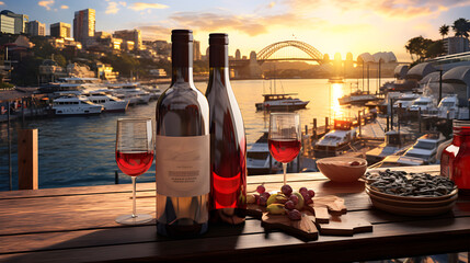 Dining with a view: Food and wine overlooking Sydney Harbour with golden sky - obrazy, fototapety, plakaty