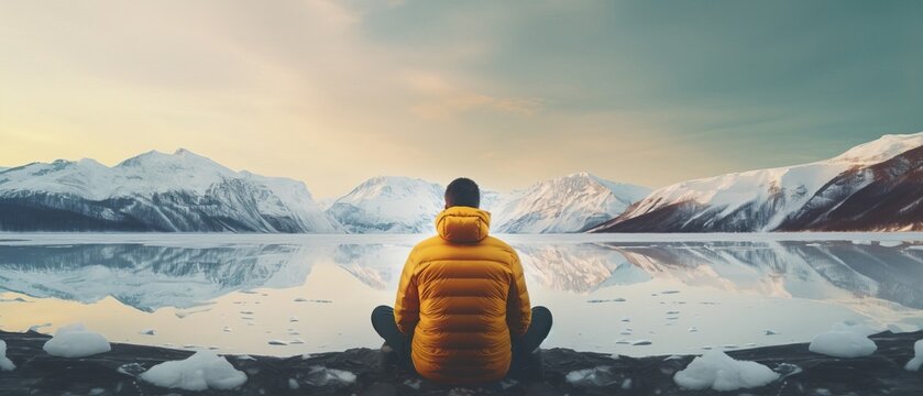 the person sitting and doing meditation, calm, relaxed, mountains in the snow, back side of the person, frozen lake