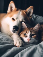 Cute dog and cat sleeping together on the bed at home.