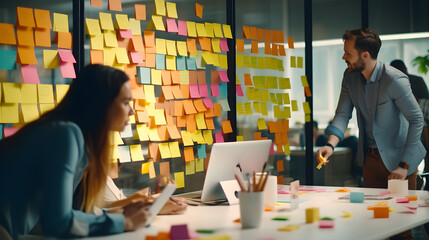 A man and woman team organizing and analyzing sticky notes on a wall in a modern office - obrazy, fototapety, plakaty