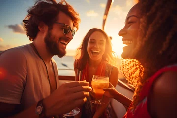 Foto op Plexiglas A man and two women enjoy relaxing drinks and socializing on a boat at sunset © Sunshine Design