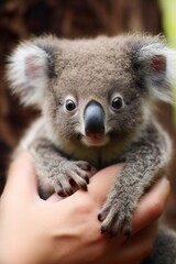 Koala bear on the hands of a child, close-up
