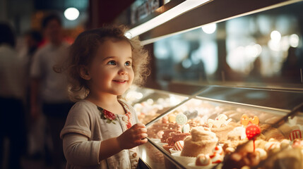 Happy little girl choosing ice cream flavours in a shop - obrazy, fototapety, plakaty
