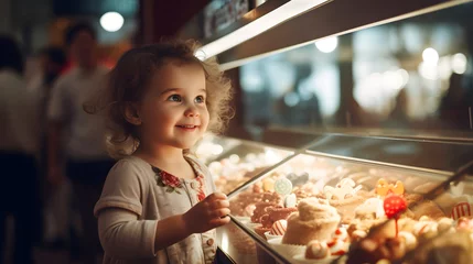 Deurstickers Happy little girl choosing ice cream flavours in a shop © Sunshine Design