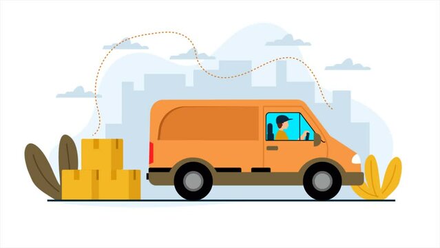 Animation of box cargo delivery services with trucks. City view background and location tracking