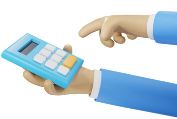 Businessman hand holding calculator. Financial account, income tax, budget cost and business investment concept. 3D rendering cartoon character. 