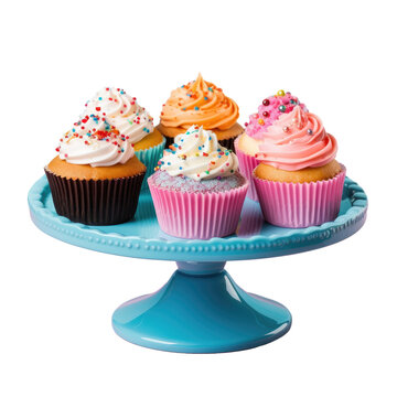 Vibrantly adorned cupcakes on a fancy tray