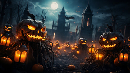 Spooky Halloween Eyes of Jack o' Lanterns in Samhain Trick or Treating