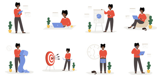 Female entrepreneur. Successful african woman standing with tablet in hands. Modern office worker or business expert. Vector illustration in flat cartoon style.