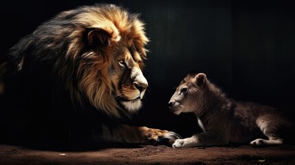 the lion and the lamb. a serene moment captured between predatory majesty and innocent frailty,...