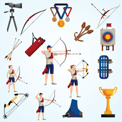 flat design icons set with archery players different types bows necessary equipment