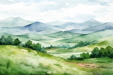 Rolgordijnen Rolling hills and mountains in delicate watercolor style. Nature landscape illustration. © Postproduction