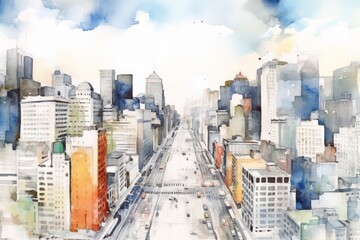 Soft watercolor city illustration, skyscrapers, roads, historic landmarks. Concept of urban art and architecture.