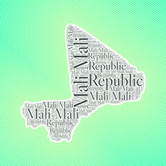Mali shape formed by country name in multiple languages. Mali border on stylish striped gradient background. Vibrant poster. Awesome vector illustration.