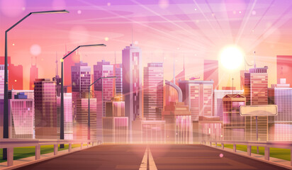 Morning cityscape with sun shining above urban highway. Vector cartoon illustration of futuristic city landscape, helicopter on roof of skyscraper, apartment houses and office buildings, pink sky