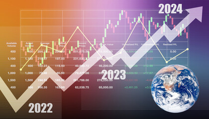 Global economics growth data diagram with graph, chart and candlesticks stock symbol from 2022 to 2024 with earth image from NASA for business presentation and report background. - 637187409