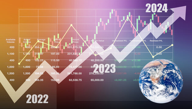 Global economics growth data diagram with graph, chart and candlesticks stock symbol from 2022 to 2024 with earth image from NASA for business presentation and report background.