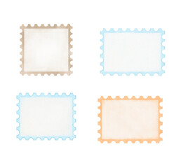 Blank post stamp, watercolor illustrations set isolated on white