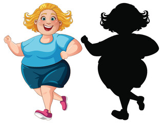 Overweight Woman Running Cartoon Character and Silhouette