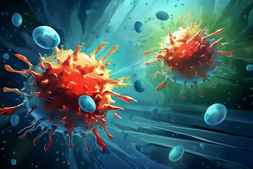 Illustration of T cells fighting against cancer cells. Generative AI - obrazy, fototapety, plakaty