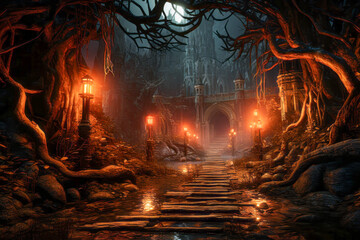 Obraz premium A Dark and Eerie Forest with a Stone Bridge