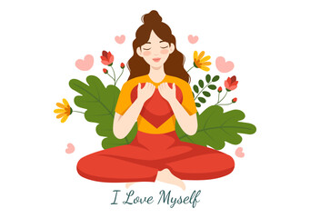 Self Love Vector Illustration with Women Love Yourself, Relaxation, Motivational Phrases and Hearts in Flat Cartoon Hand Drawn Background Templates