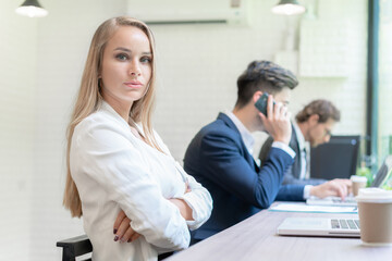 Business caucasian women working from home. Beautiful woman work in modern office. Concept of business, technology and meeting online.