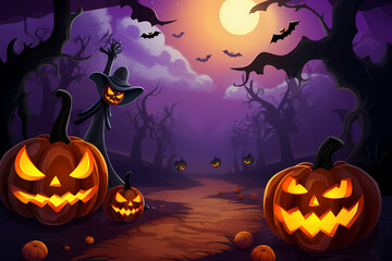 Halloween background with scary pumpkins.Halloween background with Evil Pumpkin. Spooky scary dark Night forrest. Holiday event halloween banner background concept