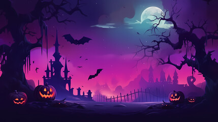 Halloween background with scary pumpkins and house haunted.Halloween background with Evil Pumpkin. Spooky scary dark Night forrest. Holiday event halloween banner background concept