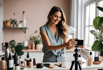 Beautiful smiling Woman blogger making a video for her blog on cosmetics using a phone with tripod. smartphone standing on table on tripod stabilizer, recording female blogger - obrazy, fototapety, plakaty