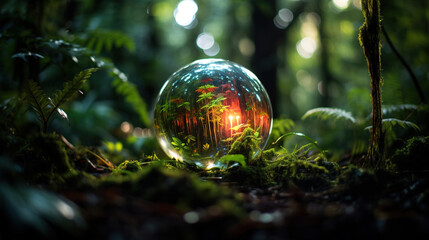 globe terrarium in the jungle with blurred background. Generative Ai