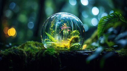 Obraz na płótnie Canvas globe terrarium in the jungle with blurred background. Generative Ai