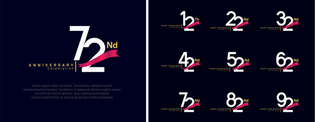 set of anniversary logo flat white color number and red ribbon on dark blue background for celebration