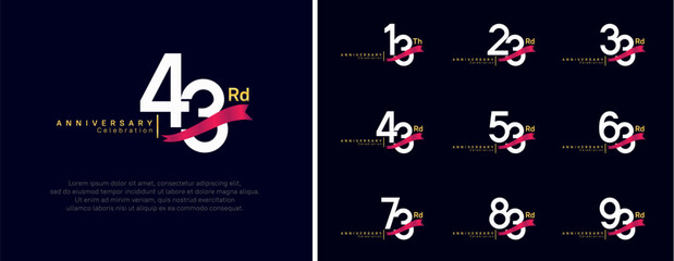 set of anniversary logo flat white color number and red ribbon on dark blue background for celebration