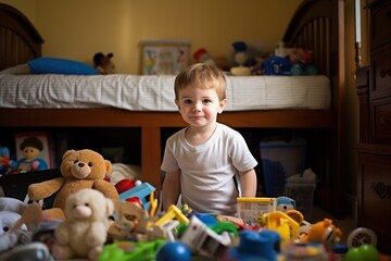 Fototapeta premium Cute boy sitting on floor, engaged with toys. Concept of educational playtime.